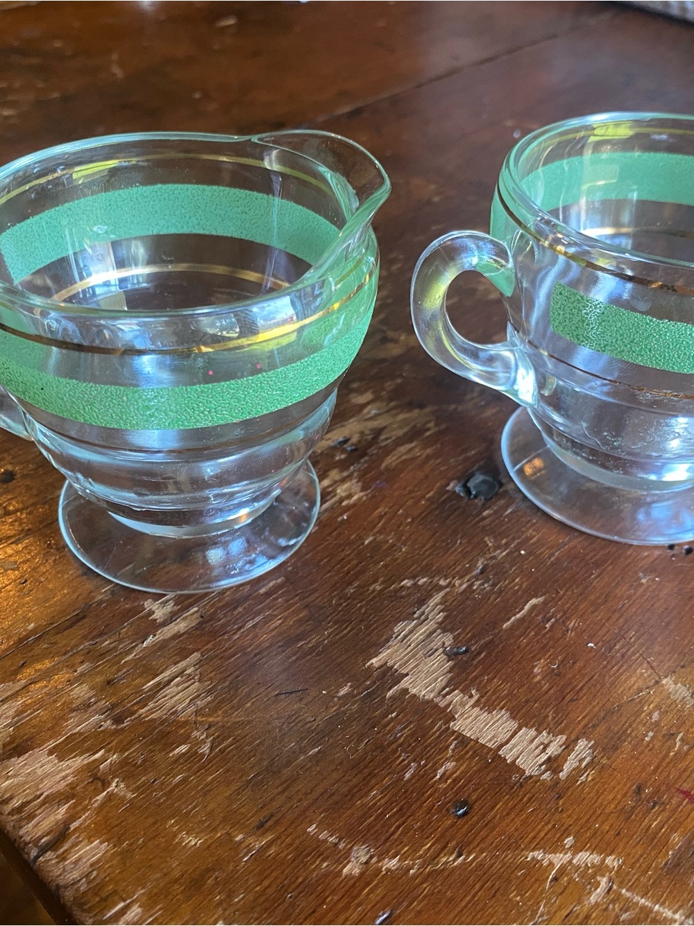 Anchor Hocking Glass Creamer and Sugar Set with Green Bands